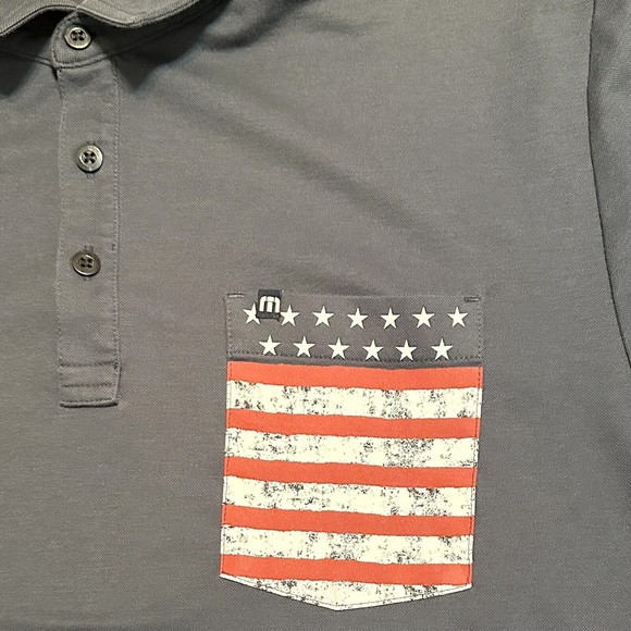 Travis Mathew Navy Golf Polo Shirt American Flag Pocket Mens Size XL - Picture 9 of 10